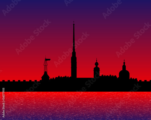 Silhouette of Peter and Paul fortress after sunset
