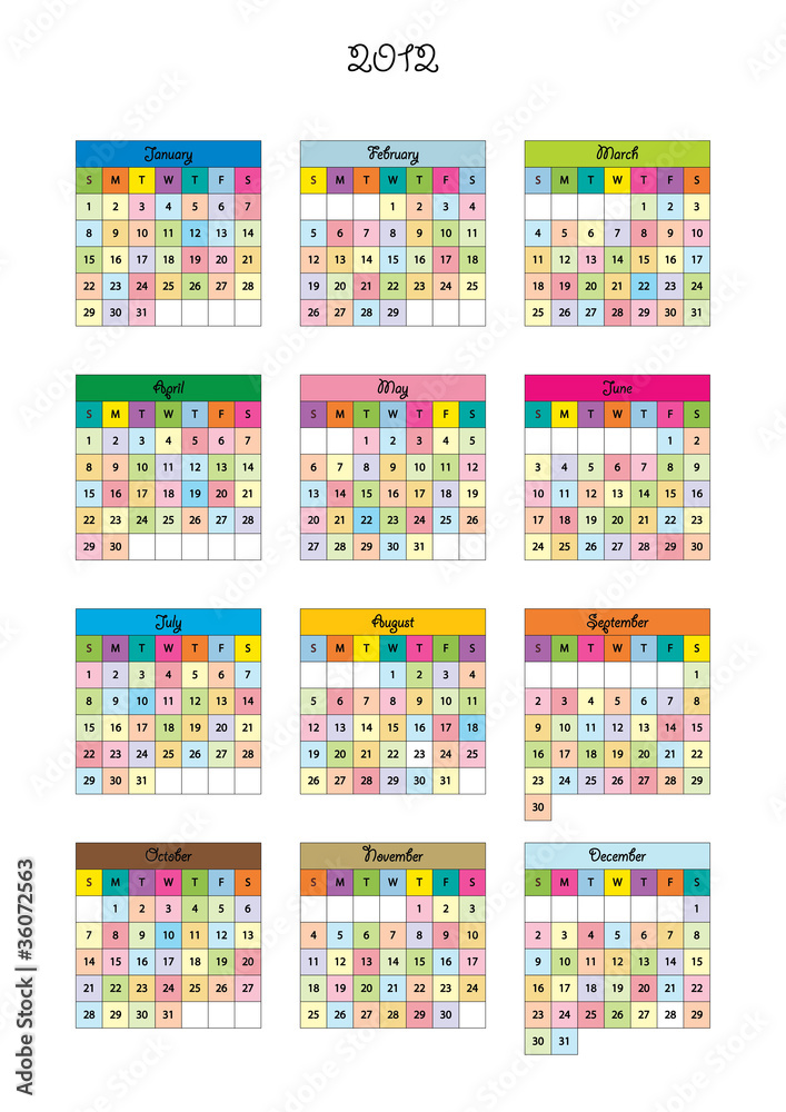 Kids calendar for year 2012