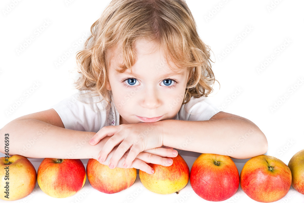 cute little girl with bunch of apples isolated on white cute little girl with bunch of apples isolated on white