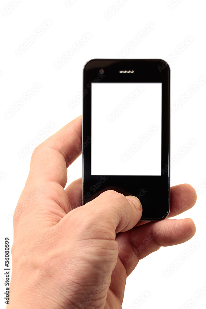 mobile phone in left hand with isolated display mobile phone in left hand with isolated display
