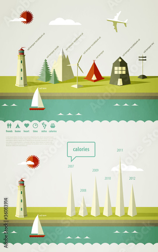 infographics elements with a lighthouse on the landscape