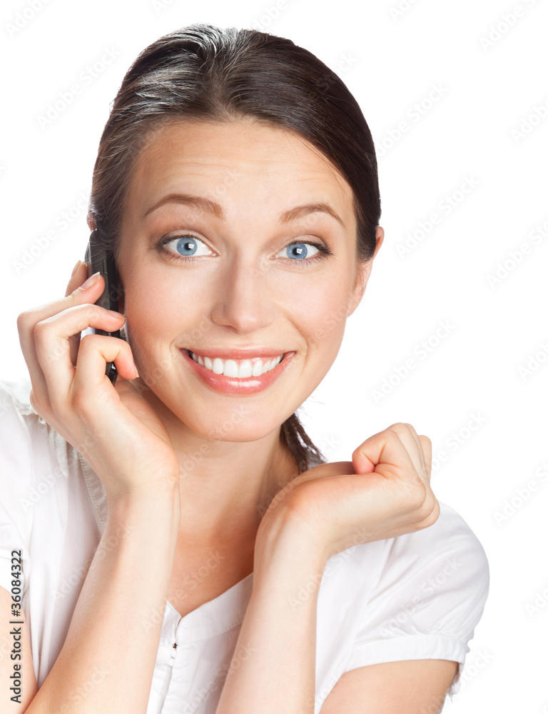 Business woman with cell phone, isolated Business woman with cell phone, isolated