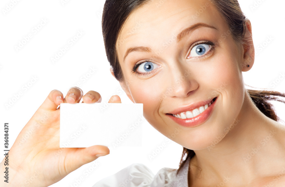 Business woman giving blank business card, isolated Business woman giving blank business card, isolated