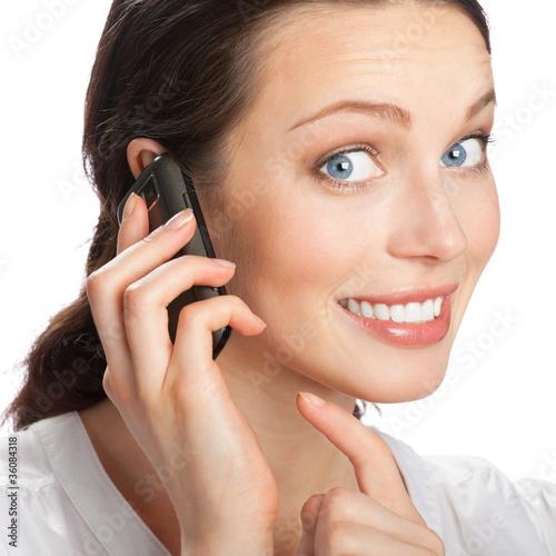 Business woman with cell phone, isolated