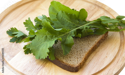 Obraz na płótnie Rigid diet. A piece of rye bread with salad and parsley w salonie