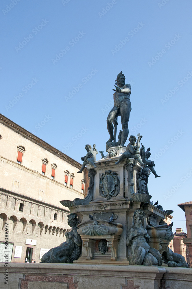 Triton Fountain in the Main Square of Bologna Italy