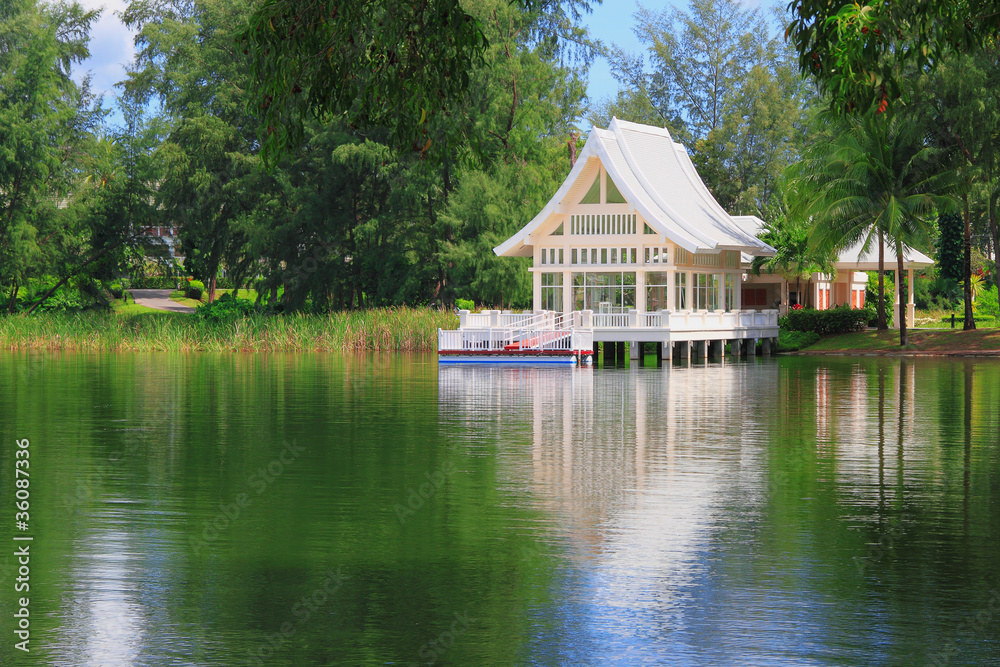 white house near a lake