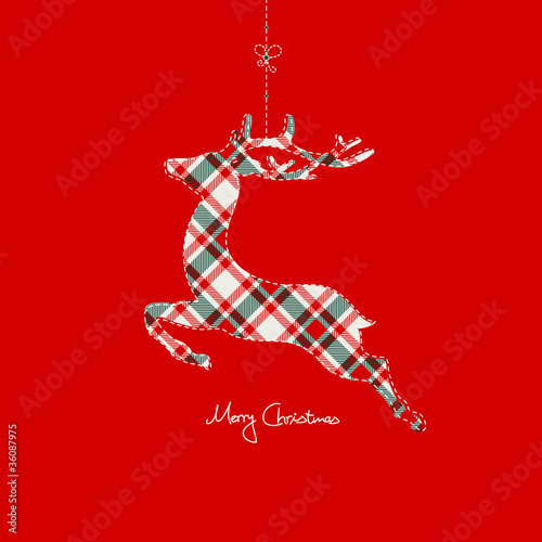 Hanging Reindeer Checked Pattern Green Red Background