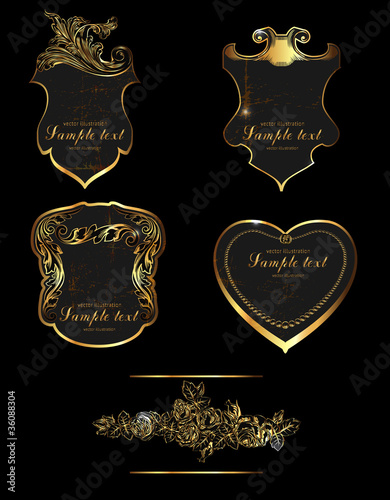 antique vector golden vintage labels on black background
