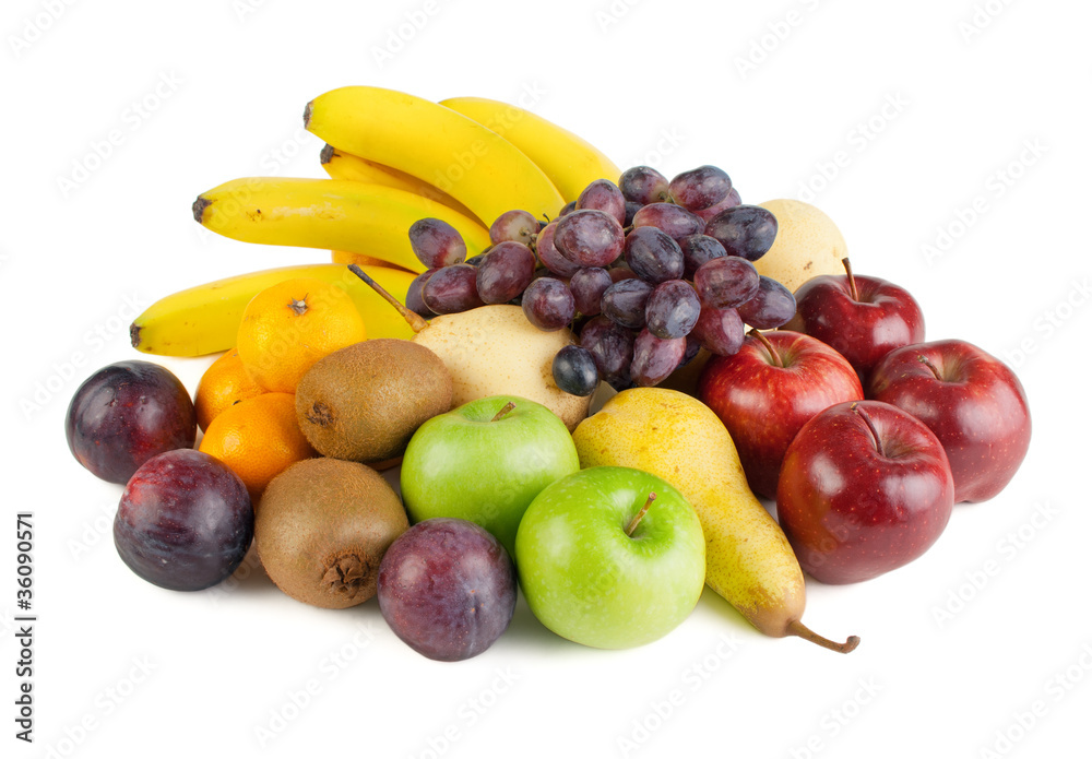 Stack of different fruits, isolated on white Stack of different fruits, isolated on white