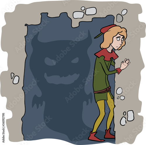 Terrified young page looks out of the corner