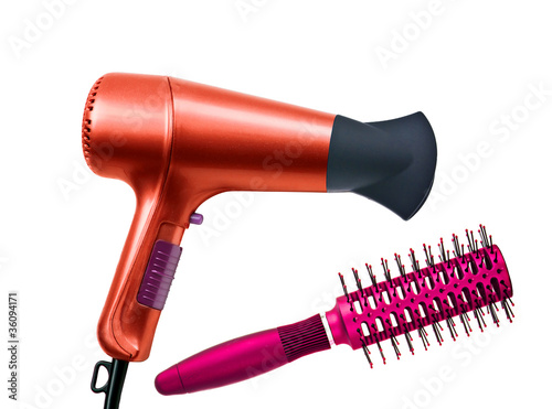 color hair dryer and massages comb isolated on white background