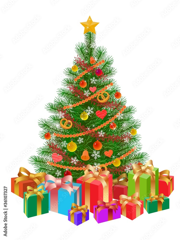 decorated christmas tree, presents, isolated on white decorated christmas tree, presents, isolated on white
