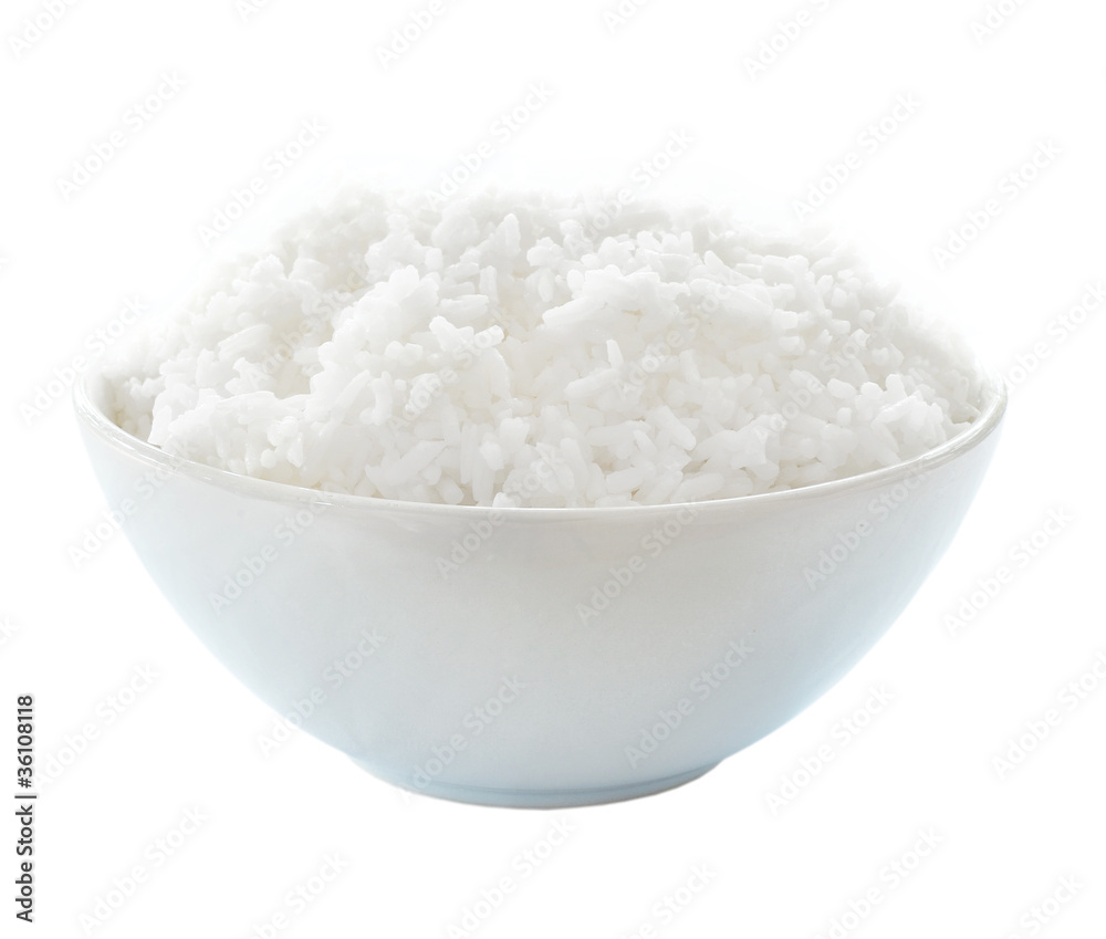 Rice in a bowl on a white background