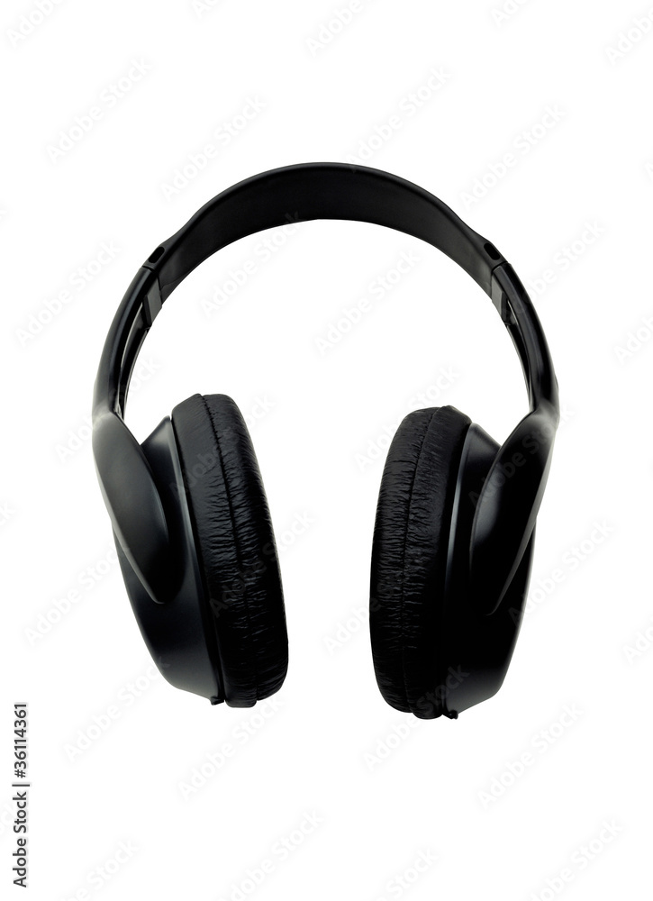 Black leather earphones isolated on the white background Black leather earphones isolated on the white background