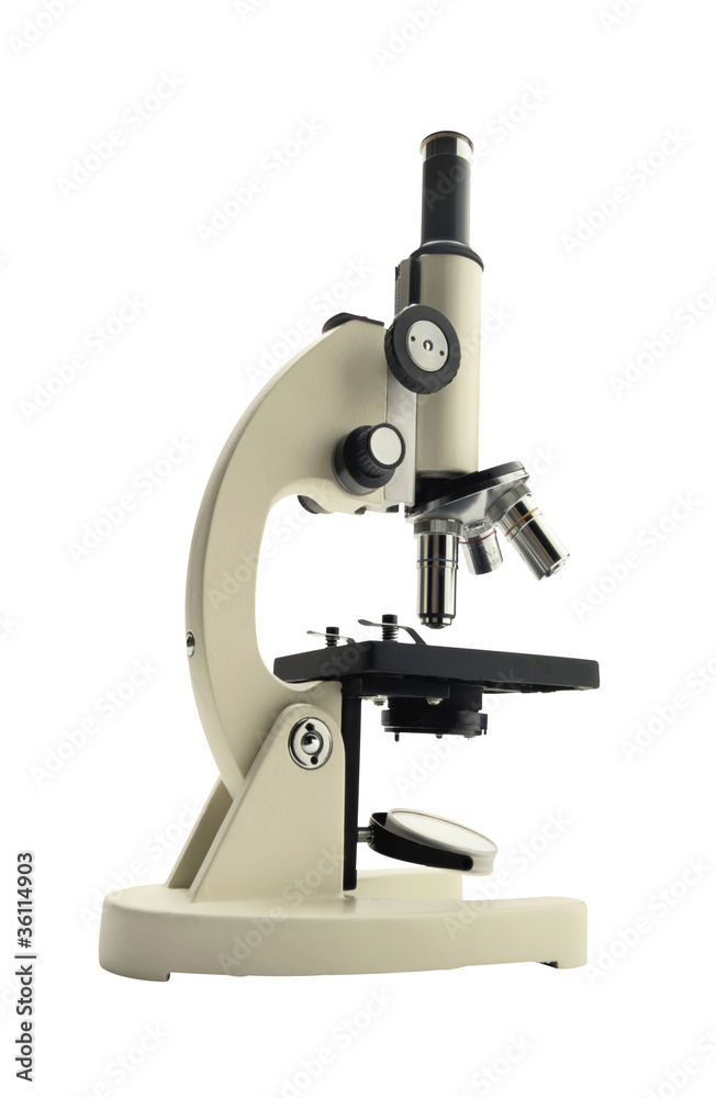 Laboratory metal microscope isolated on white background