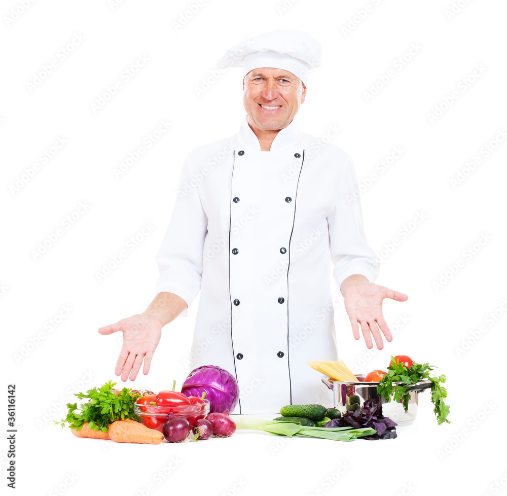 handsome senior chef with vegetables handsome senior chef with vegetables