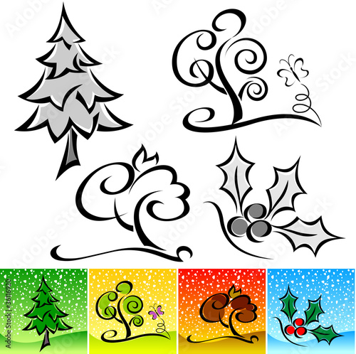 ABSTRACT CALLIGRAPHIC WINTER TREE ICON SET