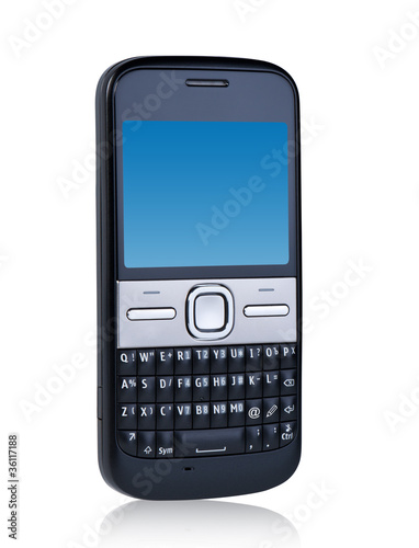 Cell phone on white background with reflection.