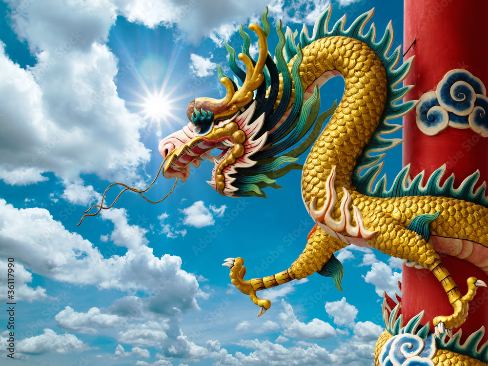 Fototapeta premium Golden Chinese Dragon and bright sky
