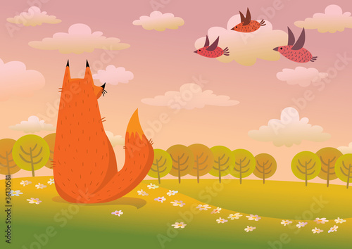 Red fox and birds on a sunset nature