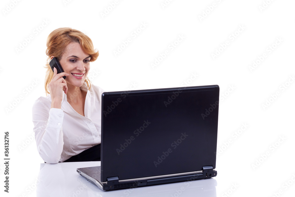 business woman using cell phone at desk business woman using cell phone at desk