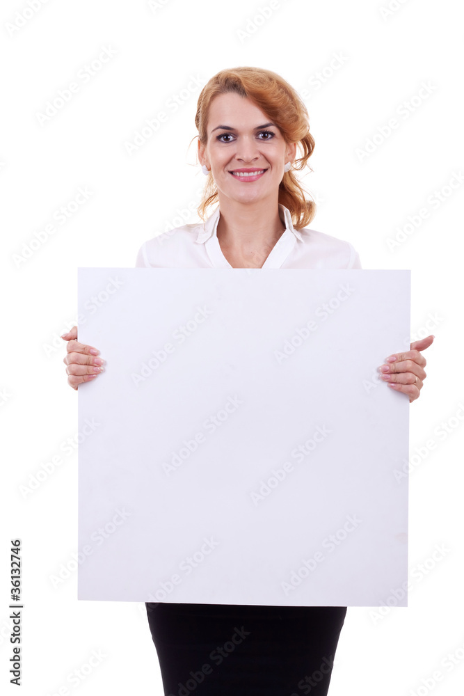 woman holding a white blank board