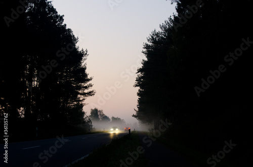 Sonnenaufgang, Nebelbank, Wald, Landstrasse photo