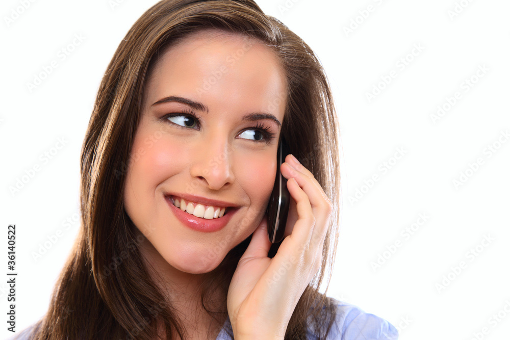 happy young bunette woman using cellphone and looking at copyspa happy young bunette woman using cellphone and looking at copyspa