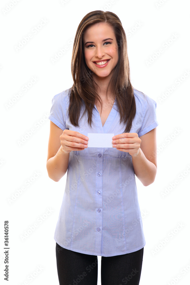 happy brunette woman holdig a blank businesscard happy brunette woman holdig a blank businesscard