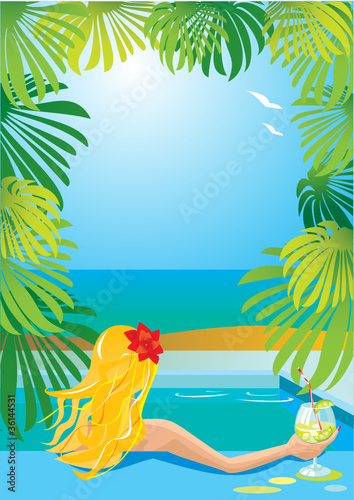 Portret border with girl in swimming pool with cocktail