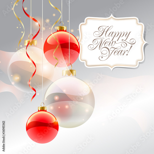 Christmas card with red baubles and inscription. Vector