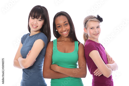 Multi cultural group teenage school girl friends