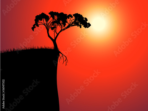 single lonely tree on the brink, sun in a fog