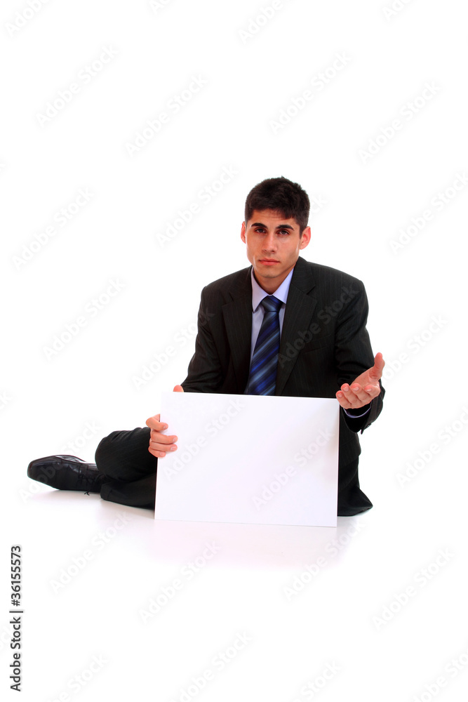 A business man holding an empty sign A business man holding an empty sign