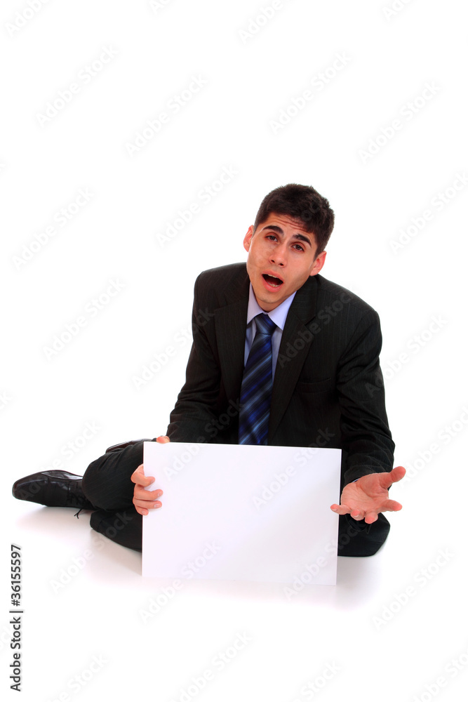 A business man holding an empty sign A business man holding an empty sign