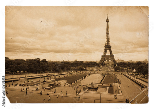 vintage sepia toned postcard of Eiffel tower in Paris