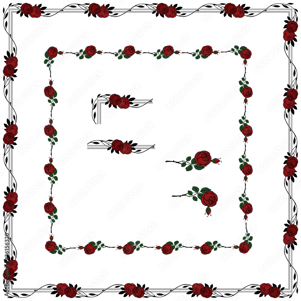set of rose elements for creating borders and frames