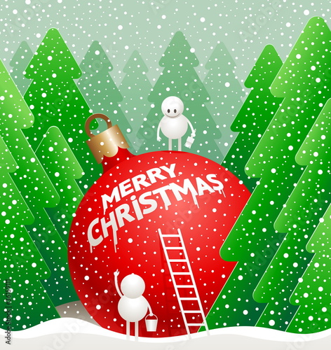 Little snowmans write a  greeting on bauble in the winter forest