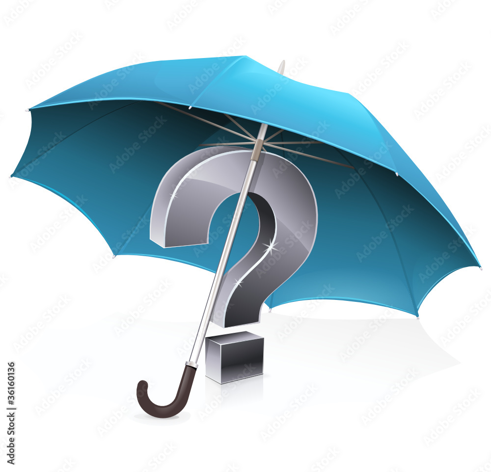 Point d'interrogation sous un parapluie bleu (reflet)