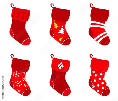 Red retro Christmas Socks collection isolate on white..