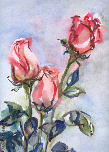 Bouquet of red roses. Watercolor.