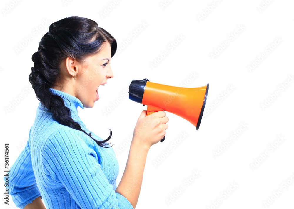 young woman speaking through megaphone young woman speaking through megaphone