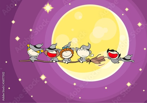 Group of witches flying in a halloween night