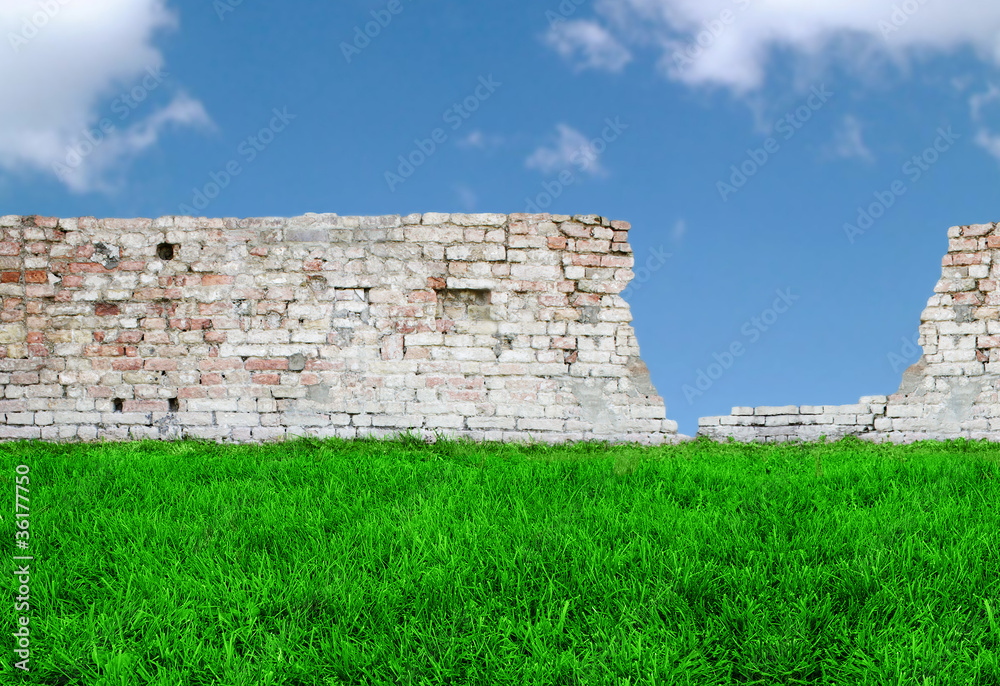 Grass, brickwall and sky