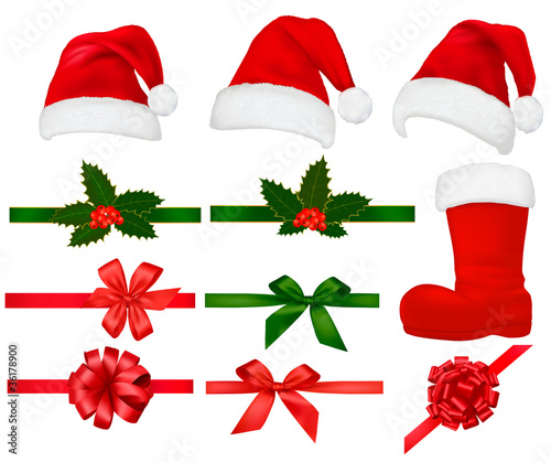 Collection of red santa hats with and Christmas holly. Vector