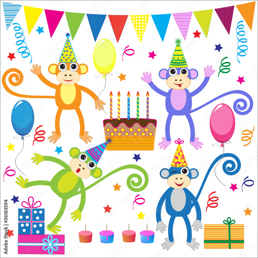Plakat Zestaw elementów strony urodziny wektor zabawny małpy