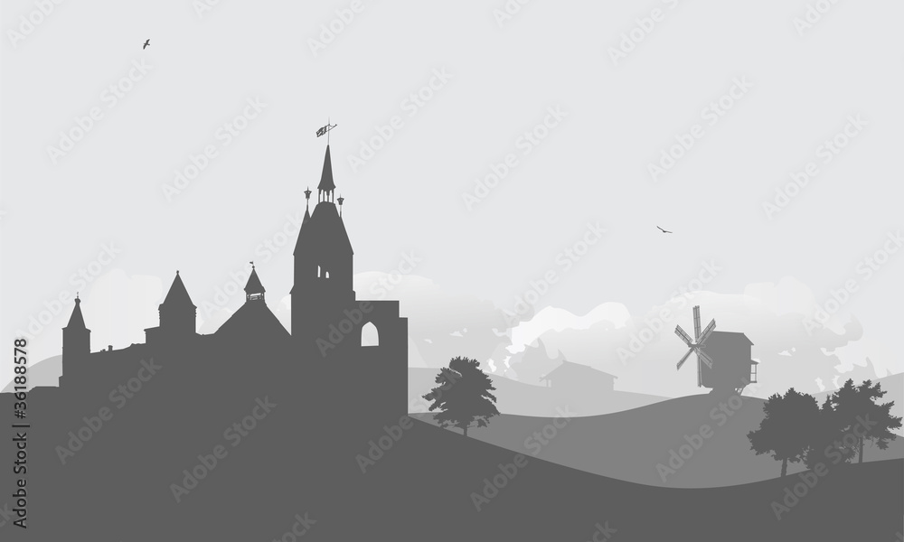castle in country landscape grey illustration castle in country landscape grey illustration