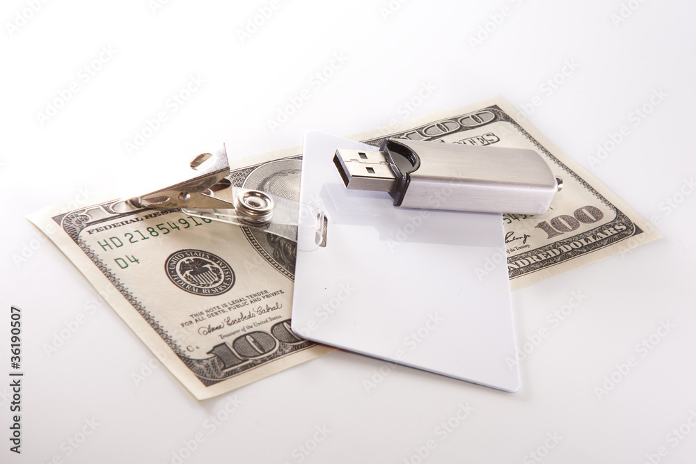 Money, badge and USB flash drive Money, badge and USB flash drive