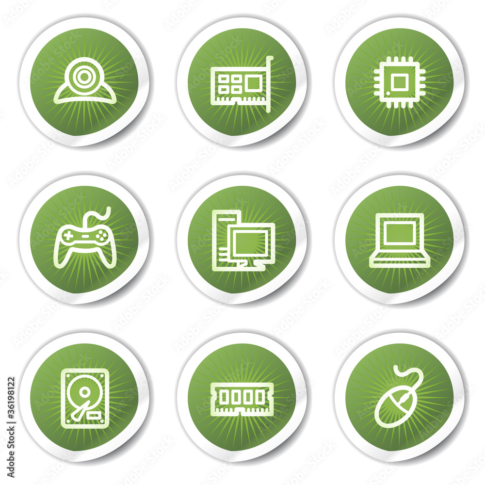 Computer web icons, green stickers Computer web icons, green stickers